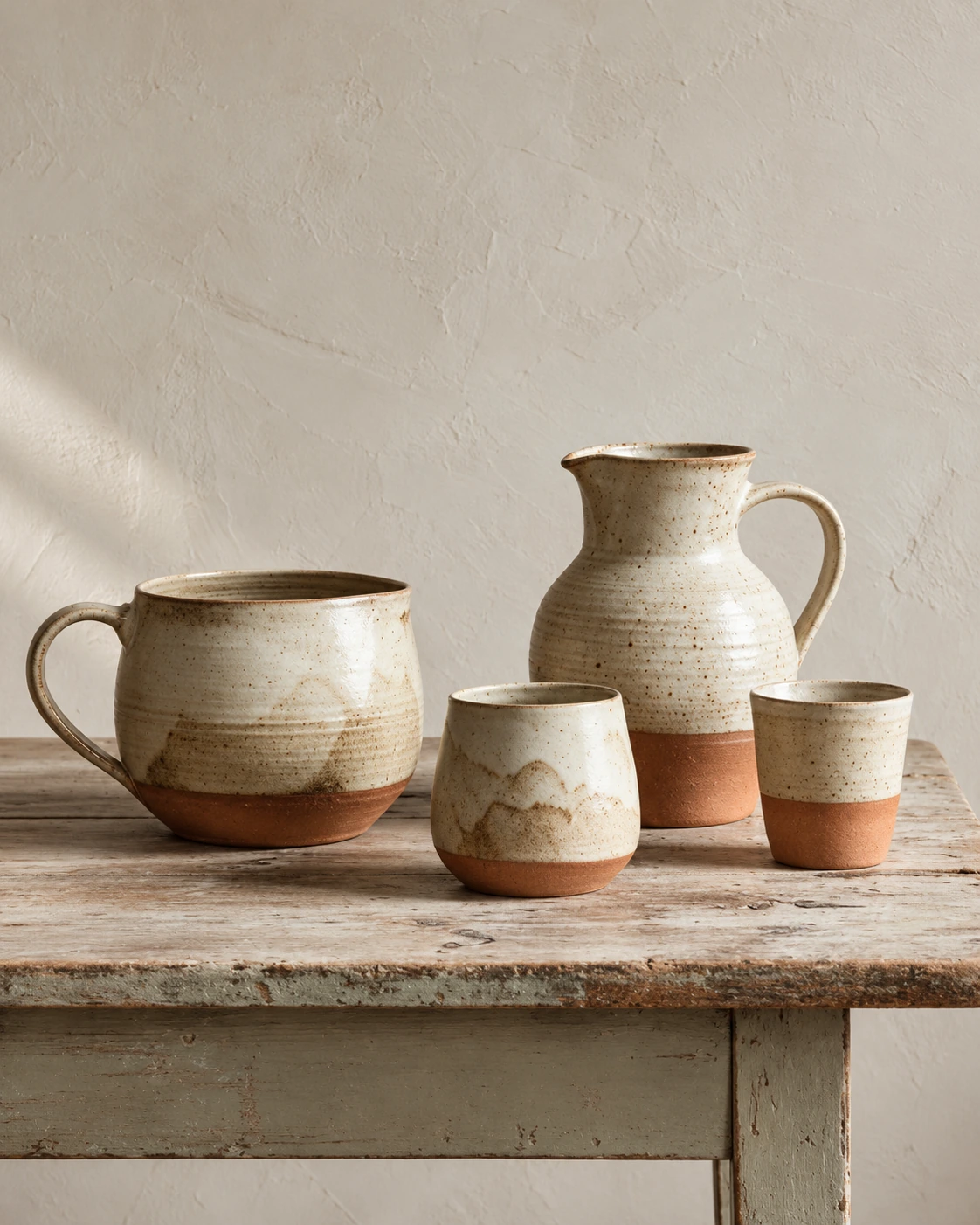 Handmade stoneware jug, mug and cups on a wooden table