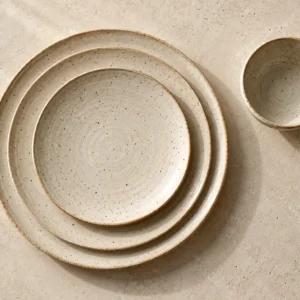 A collection of cream stoneware plates