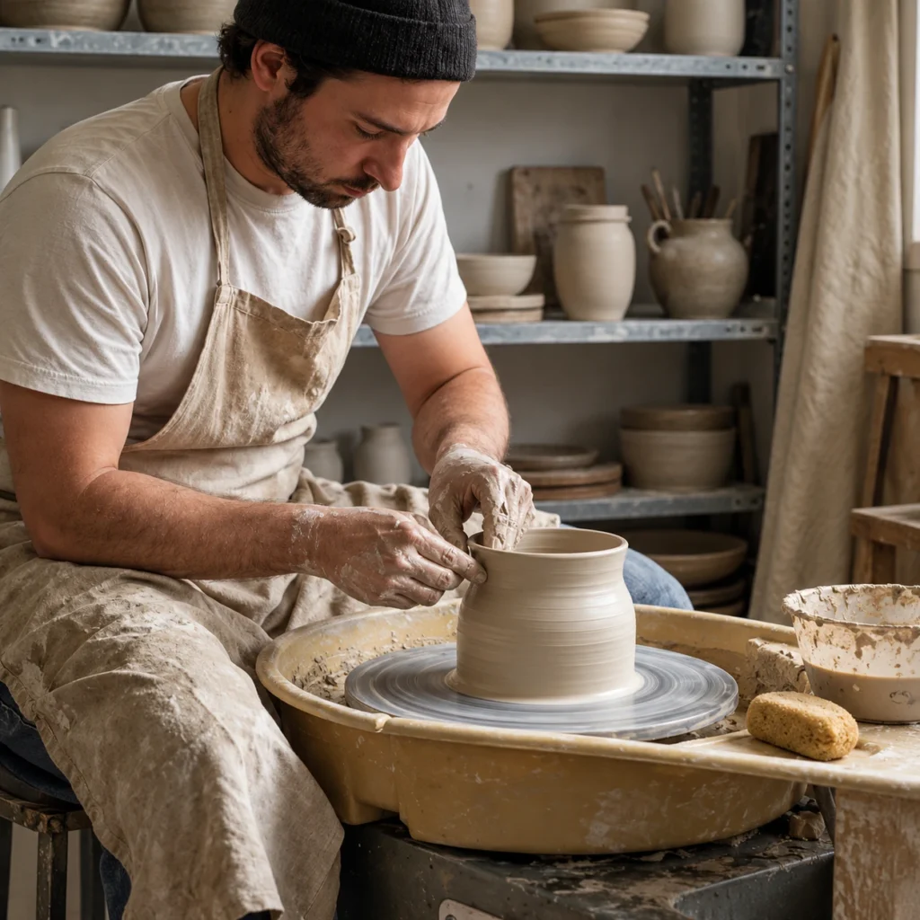 Potter throwing a vessel on the wheel