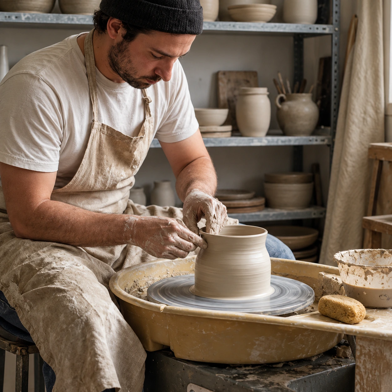 Potter throwing a vessel on the wheel